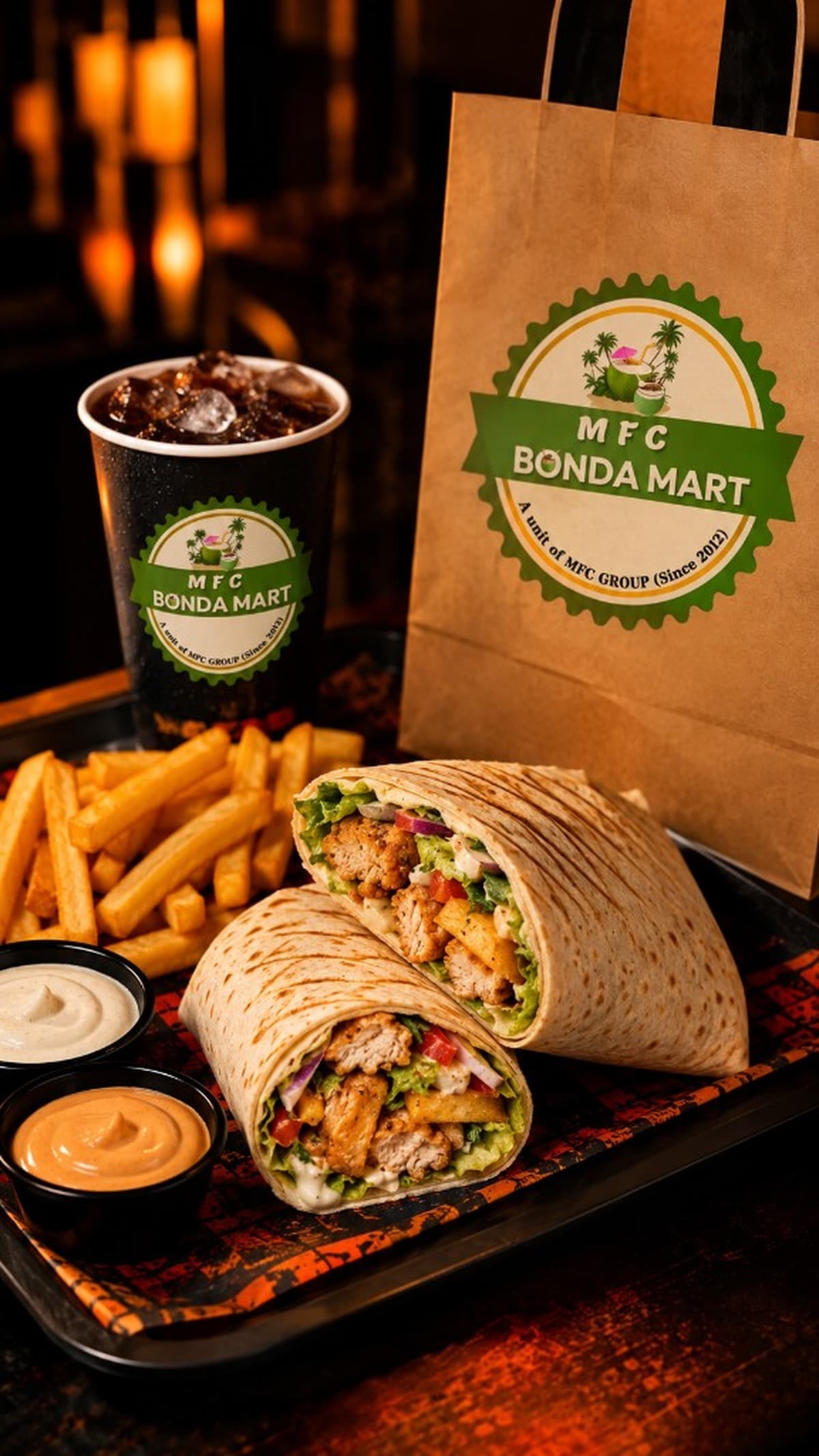 MFC Bonda Mart charcoal shawarma meal with fries and dips