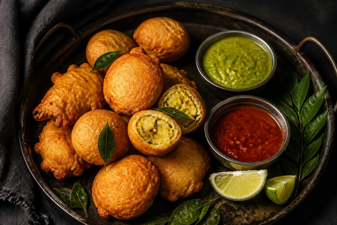 A dark-tray spread of crispy snacks and chutney